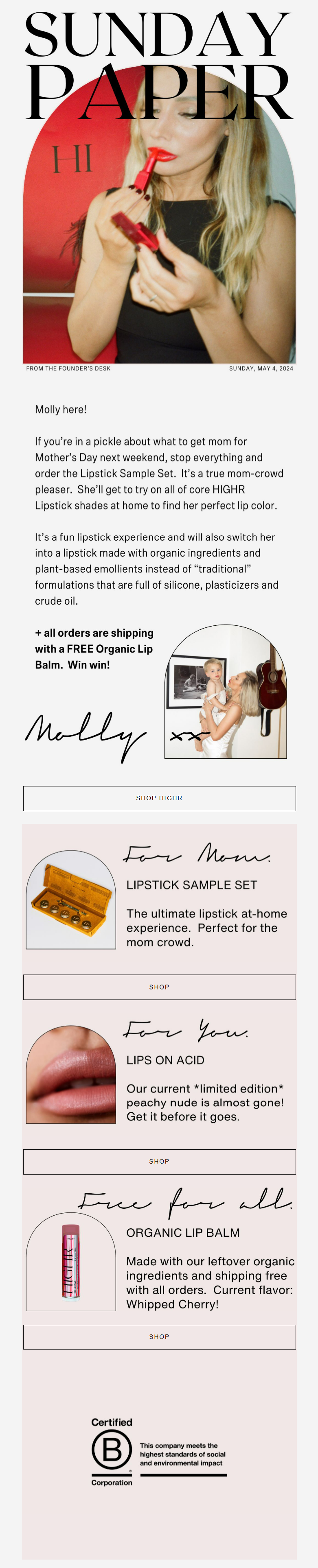 Mother’s Day email newsletter from Highr Collective