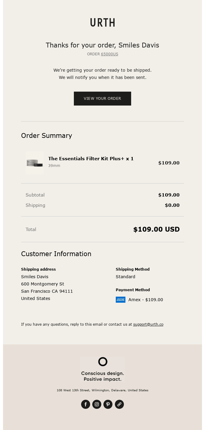 Urth transactional email template