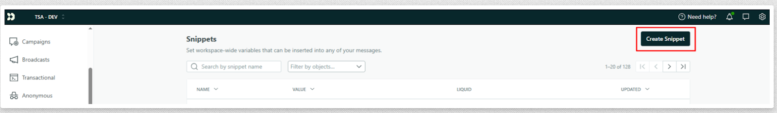 Create Snippet option