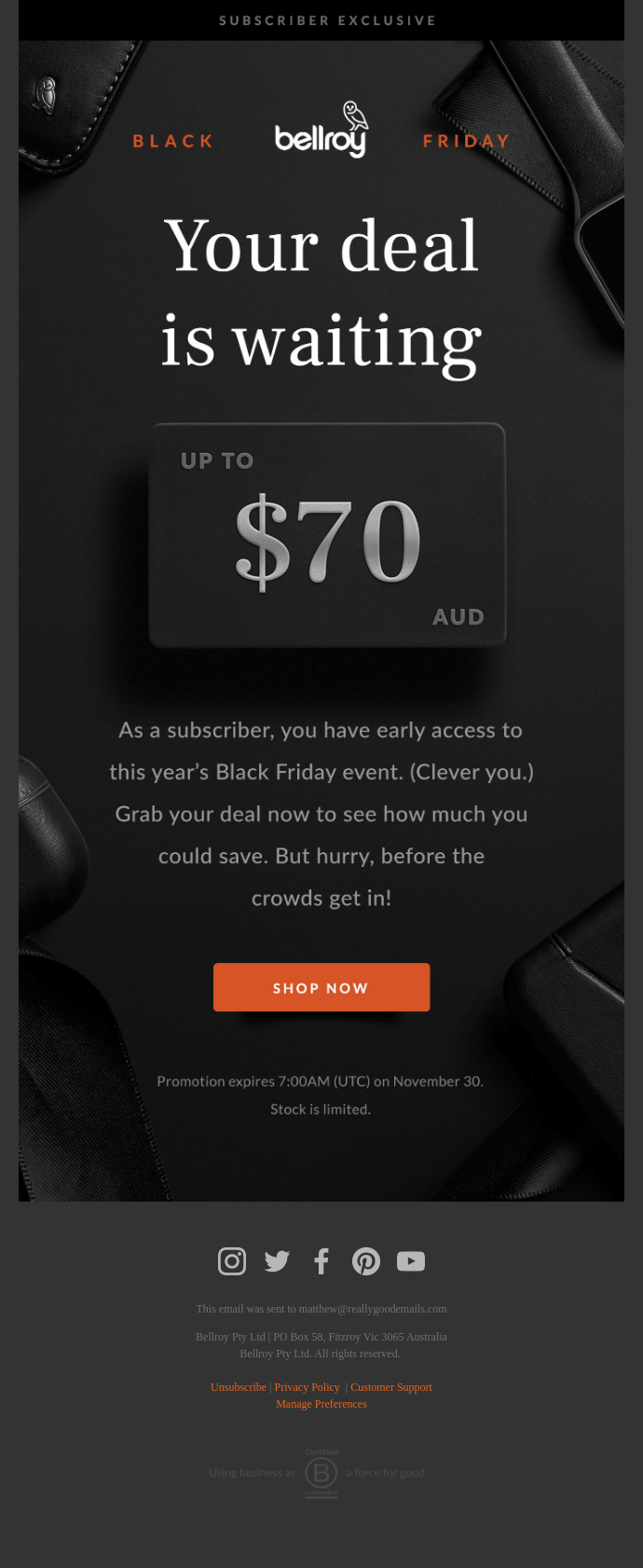 Black Friday Reminder Email Template by Bellroy